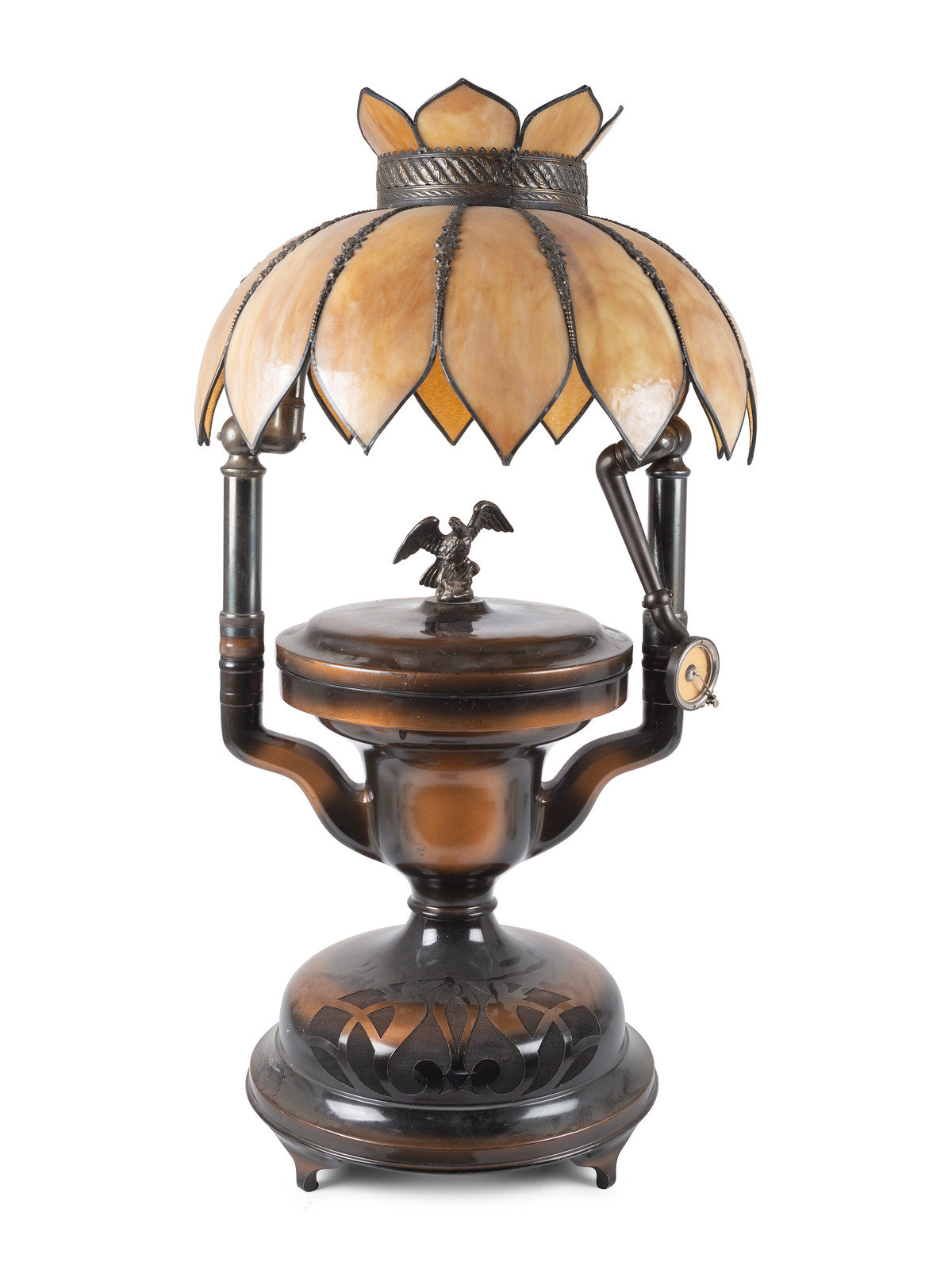 A Fairy Phonograph Patinated Metal Lamp with a Slag Glass Shade | Barnebys