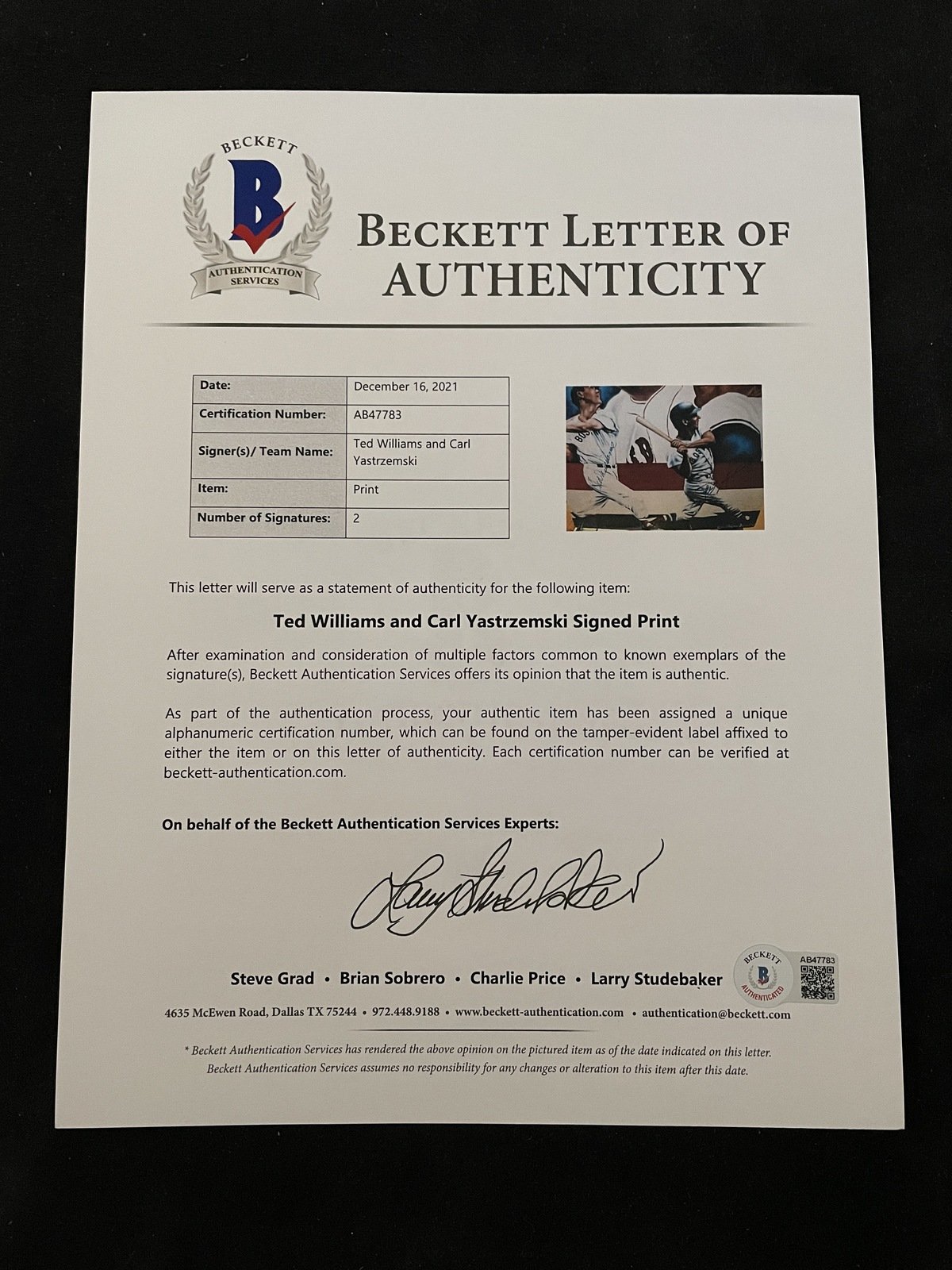 A Ted Williams and Carl Yastrzemski Signed Autograph Poster (Beckett  Authentication Services Letter BAS Certified)