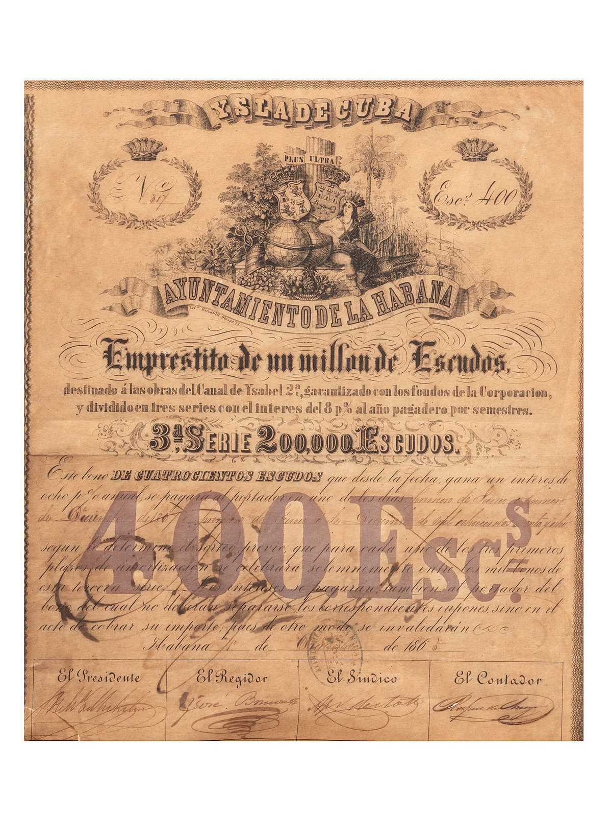 CURRENCY]. Cuban stock certificate for 400 escudos. Havana, Cuba, 10  December 1865.