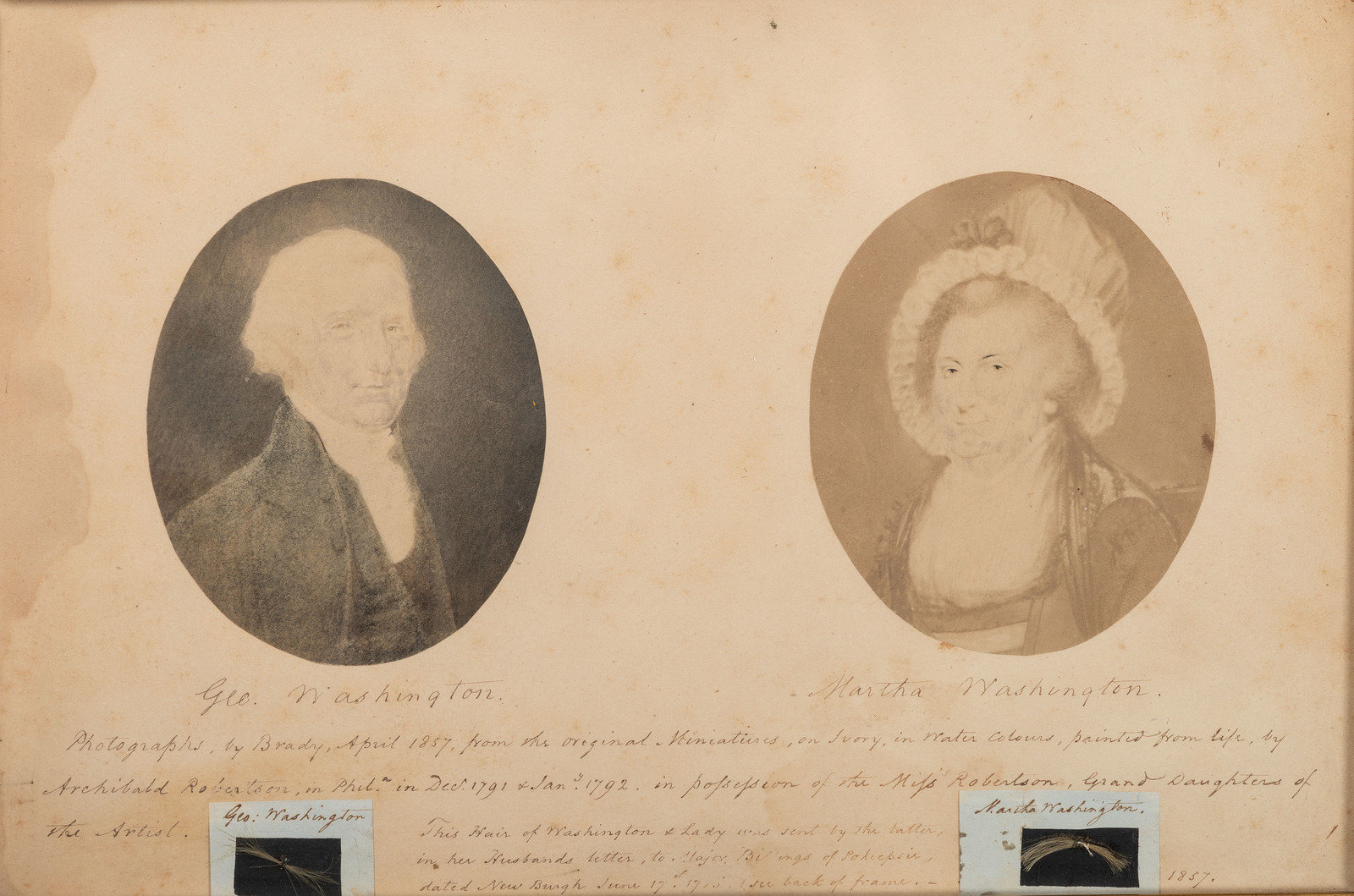POLITICS]. WASHINGTON, George (1732-1799) and Martha Dandridge Custis  WASHINGTON (1731-1802). Locks of hair of George and Martha Washington in  1857 presentation with provenance inscription and portraits.