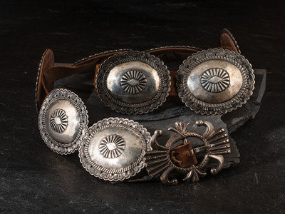 Navajo - Pair of Sterling Silver Conchos with Stamped Design c. 1940s