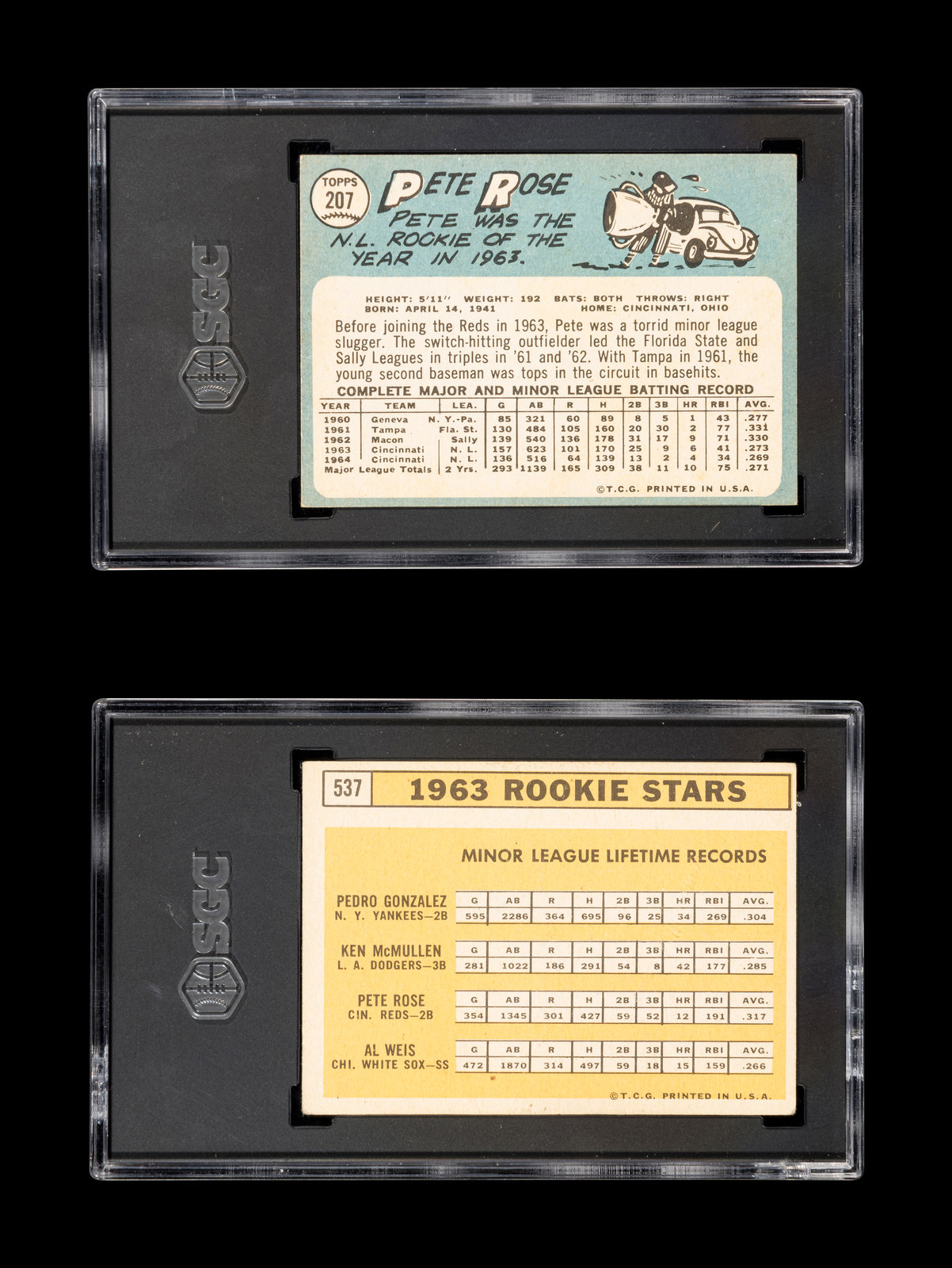 A 1963 Topps Pete Rose Rookie Baseball Card No. 537 (SGC 3 VG) and 1965  Topps Card No. 207 (SGC 4.5 VG-EX+)