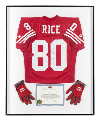 Lot Detail - Jerry Rice 1998 49ers Game Used & Signed Jersey w/gloves -  Season Long Use - 3 Auto's (Meigray Photo Match LOA, PSA)