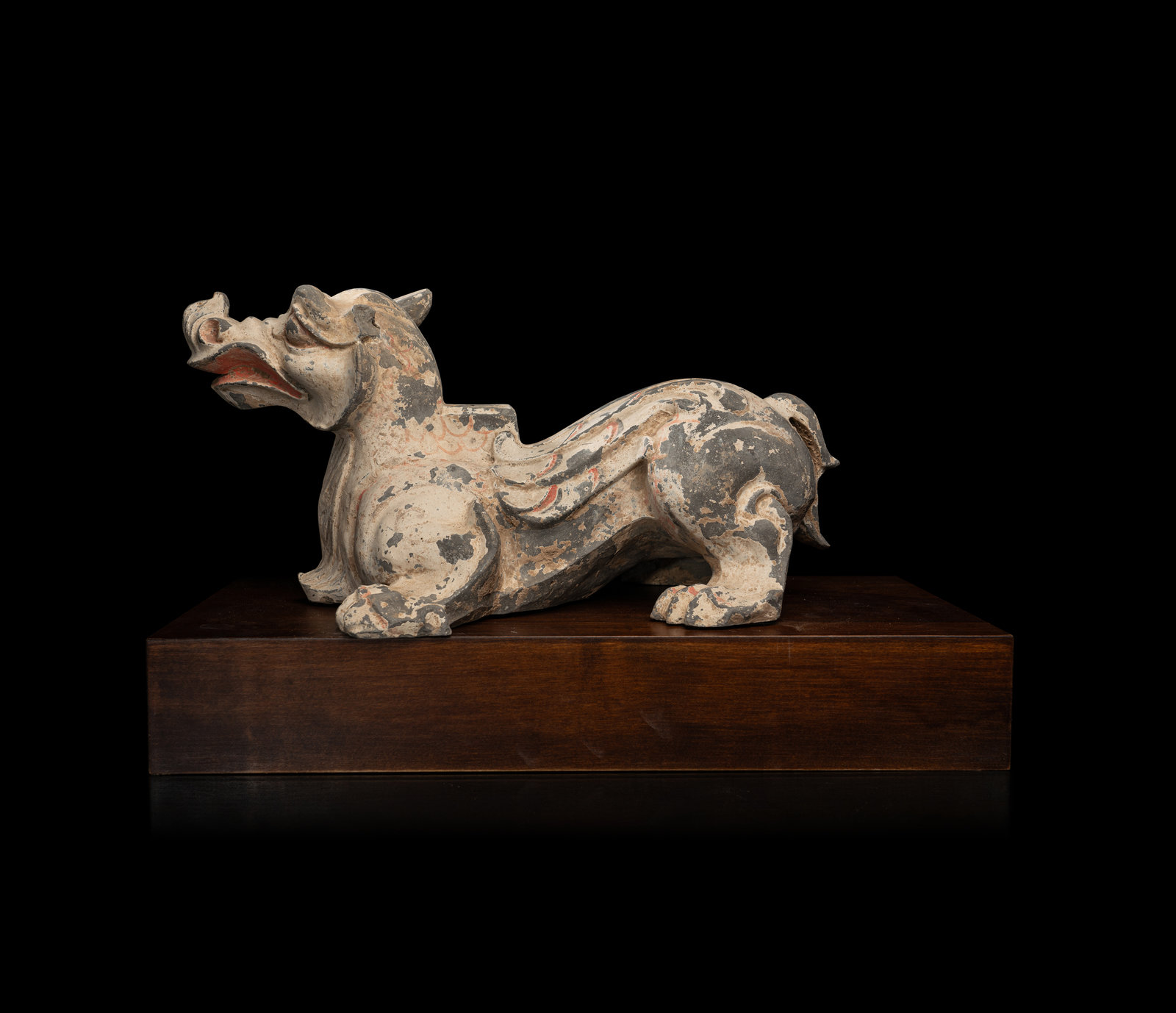 An Unusual Chinese Painted Grey Pottery Mythical Beast Stand