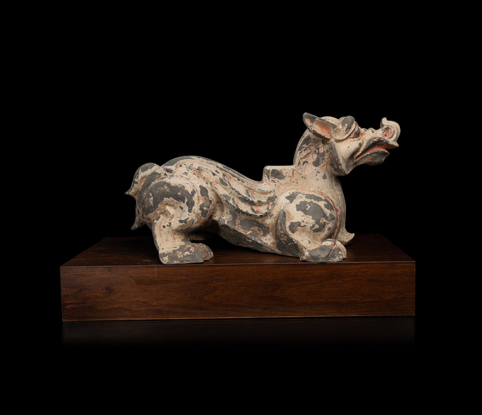 An Unusual Chinese Painted Grey Pottery Mythical Beast Stand