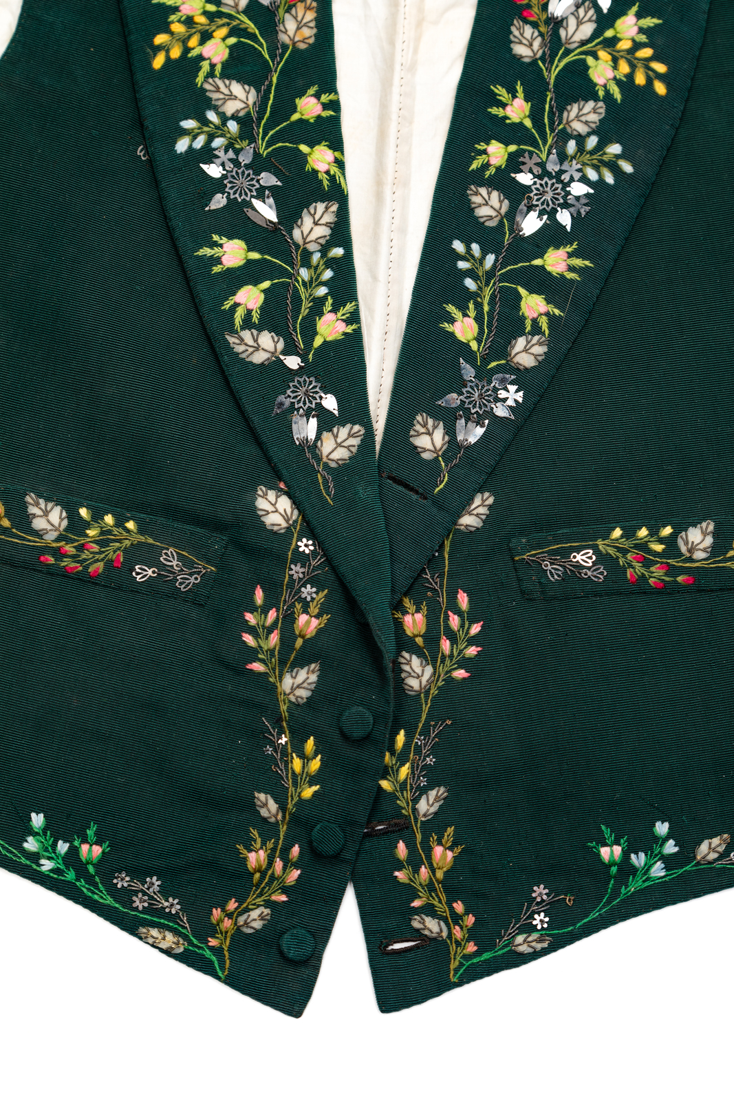 Men's Embroidered Green Ribbed Silk Waistcoat, 1830s