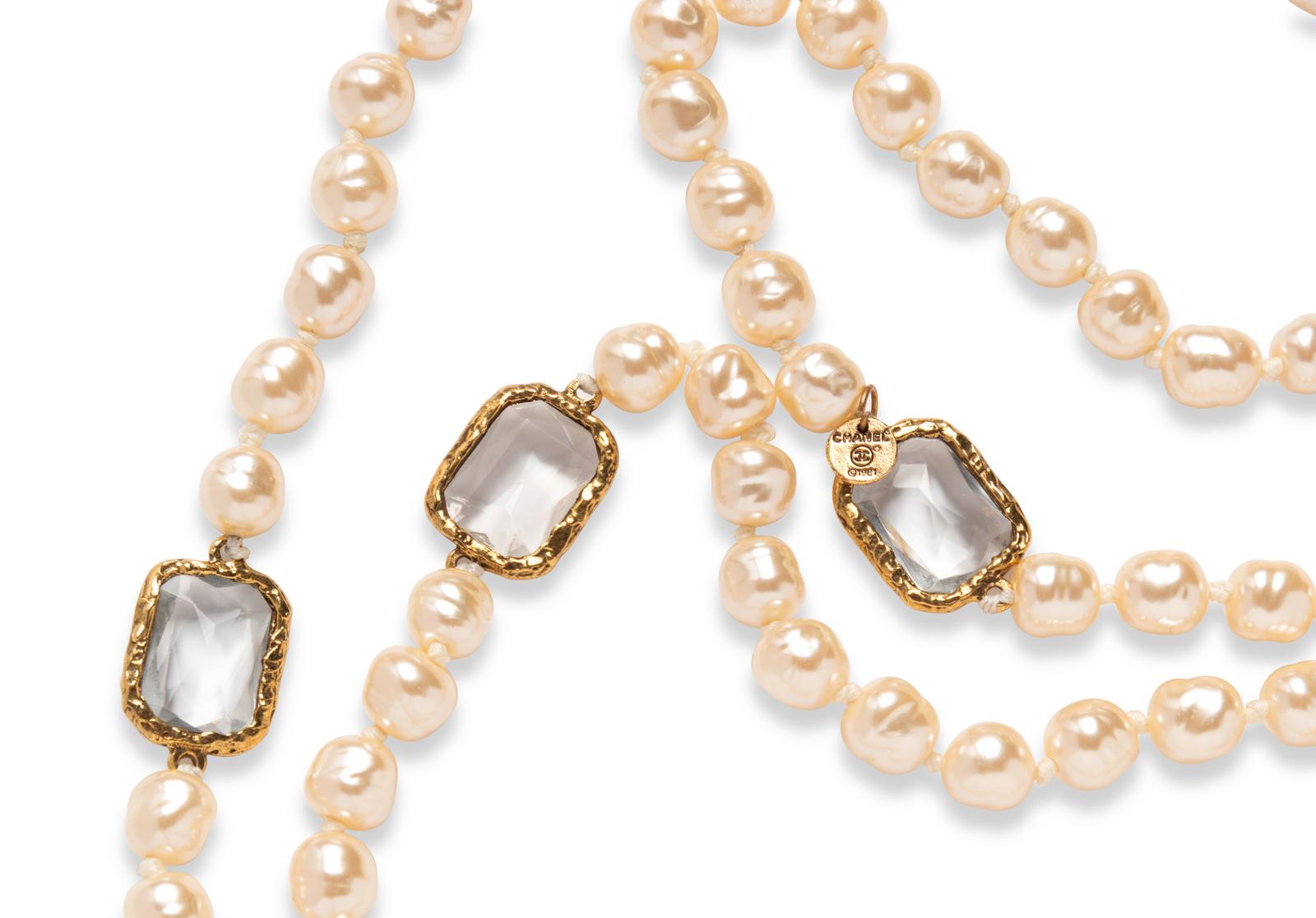 Chanel Vintage Crystal Chicklet & Baroque Pearl Sautoir Necklace, 1981